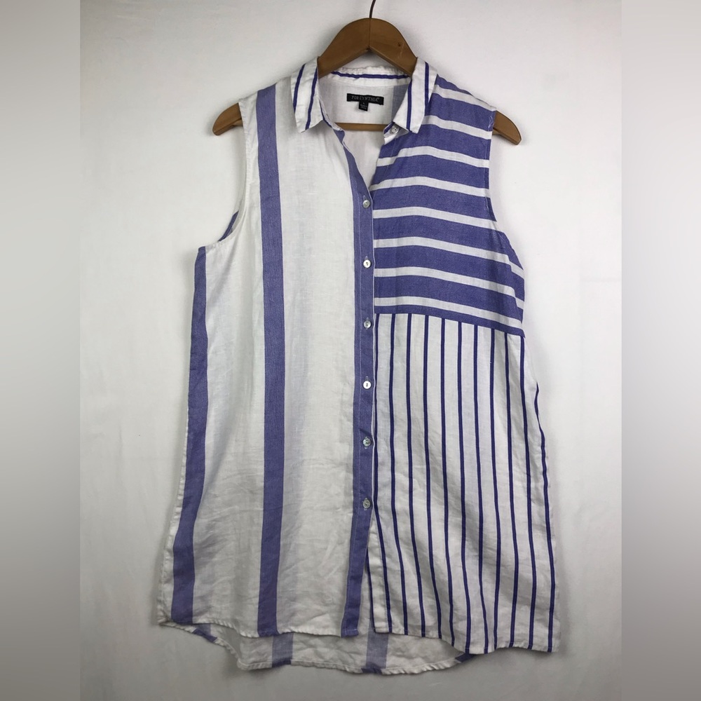 100% Linen Sleeveless Button-Up Dress Coverup- Blue/White Stripes, L